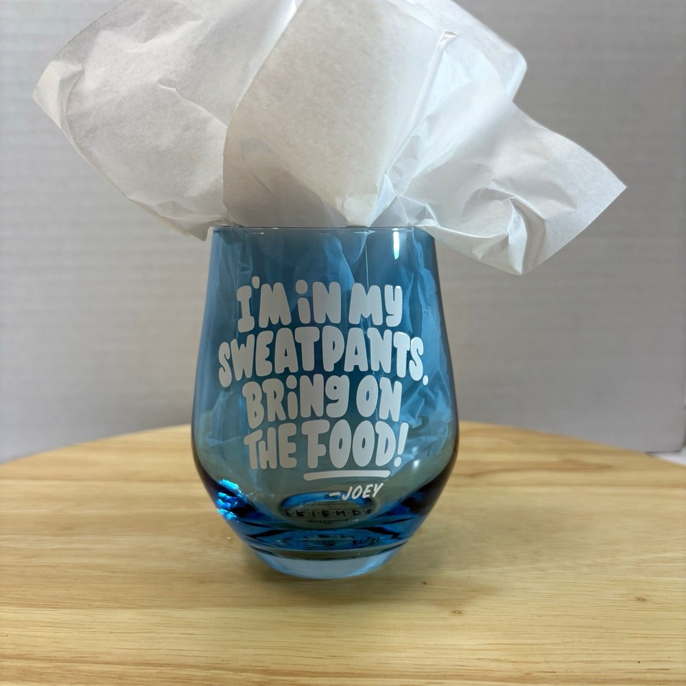Hallmark Friends Joey Thanksgiving Sweatpants Blue 16 oz Stemless Wine Glass